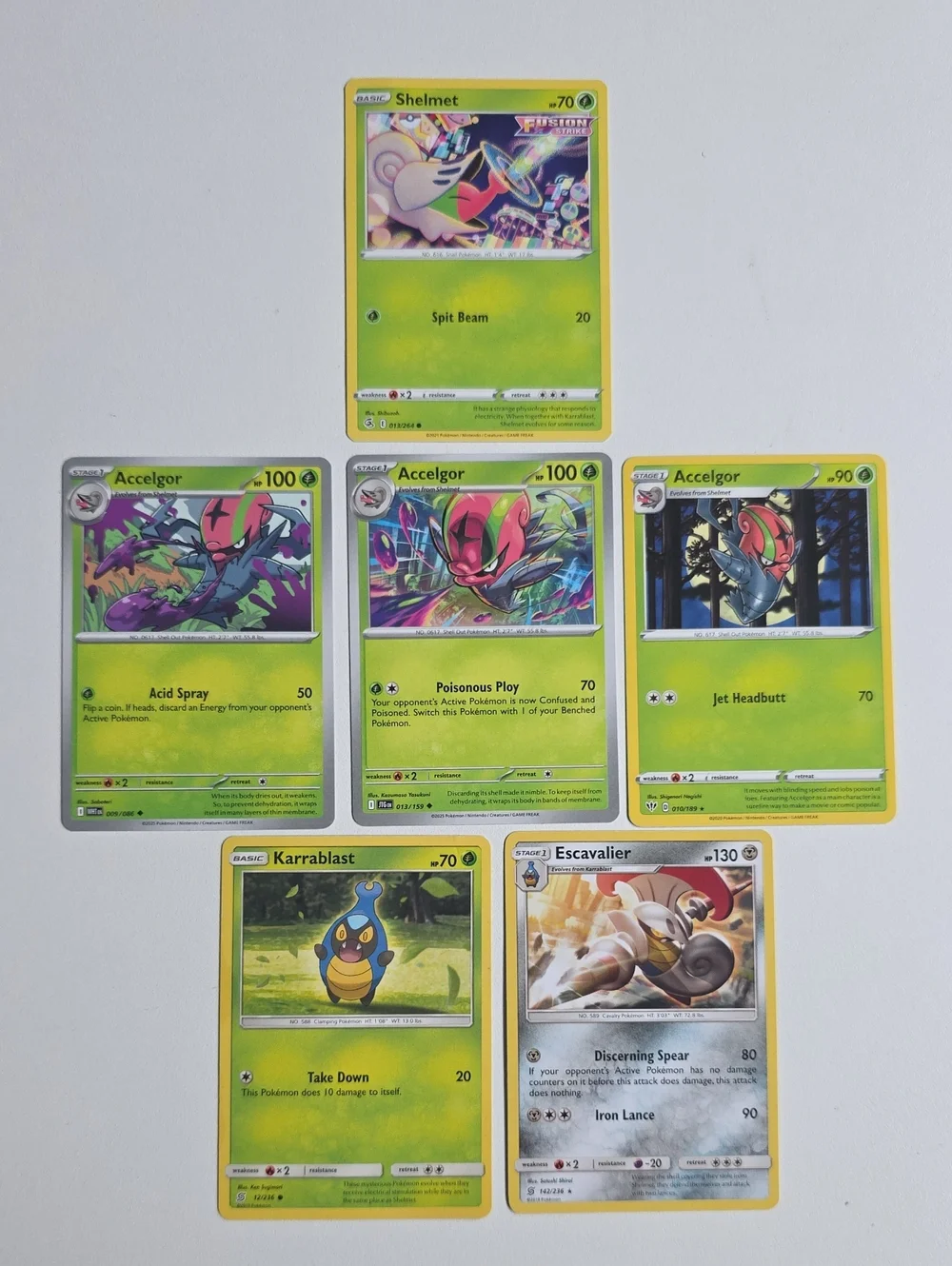 Pokemon Shelmot, Accelgor, Karranlast, And Escavalier Cards